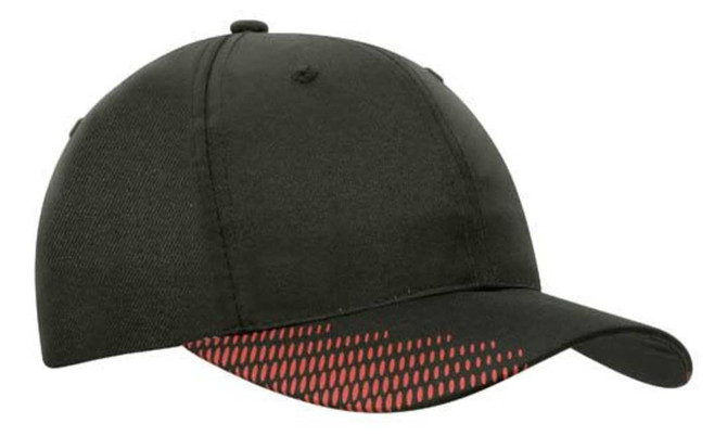 A black cap featuring a peak with a red flash print design. It has a logo on the side.