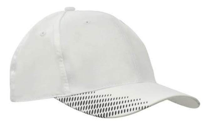 A white cap with a breathable design featuring a peak and perforated detailing. Includes a logo.