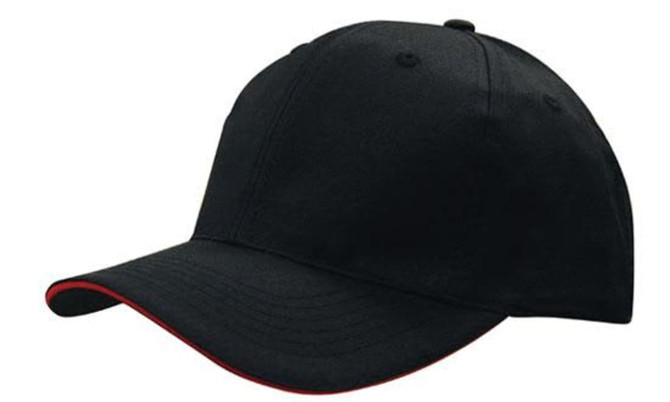 A black cap with red sandwich trim and a logo on the front. The cap features a curved visor and a structured design.