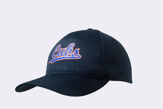 A navy blue breathable poly twill cap with a logo on the front, featuring a curved brim.