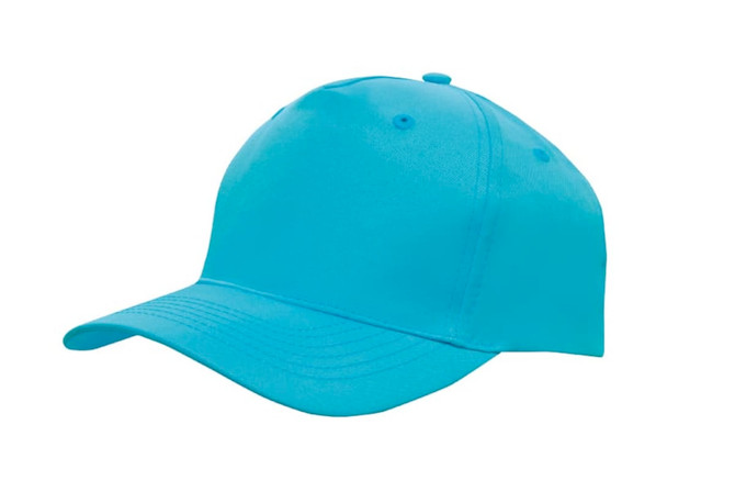 A breathable poly twill cap in bright turquoise with a curved brim and an adjustable strap.