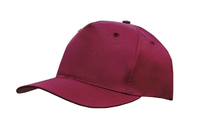 A breathable poly twill cap in a rich burgundy colour, featuring a structured design and ventilation holes.