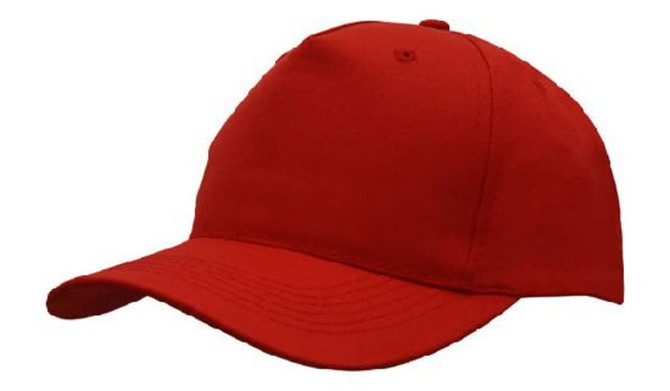 A red breathable poly twill cap featuring a curved brim and a logo.
