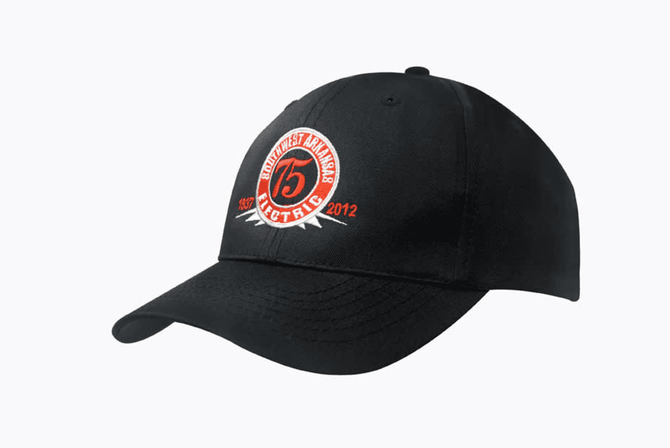 A black breathable poly twill cap with a logo on the front. The cap features a curved brim and structured design.