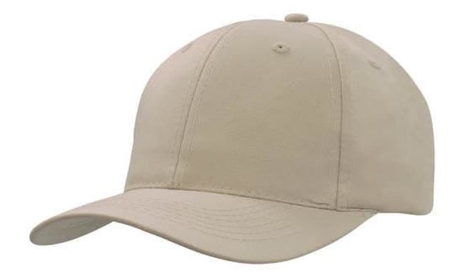 A breathable poly twill cap in beige, featuring a curved brim and a seamless design, with a logo present.
