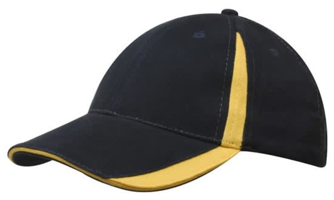 A navy cap with a yellow stripe on the peak and crown, featuring a logo.
