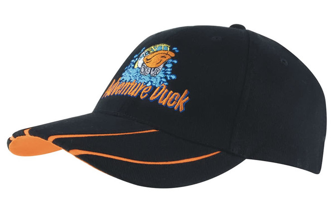 A cap featuring a black design with orange accents and embroidered graphics. It has a logo on the front.