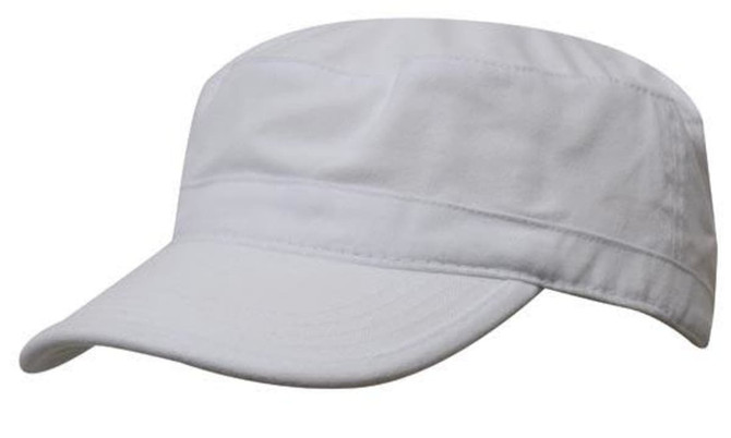 A white military cap with a flat brim and a structured crown, featuring a logo on the side.