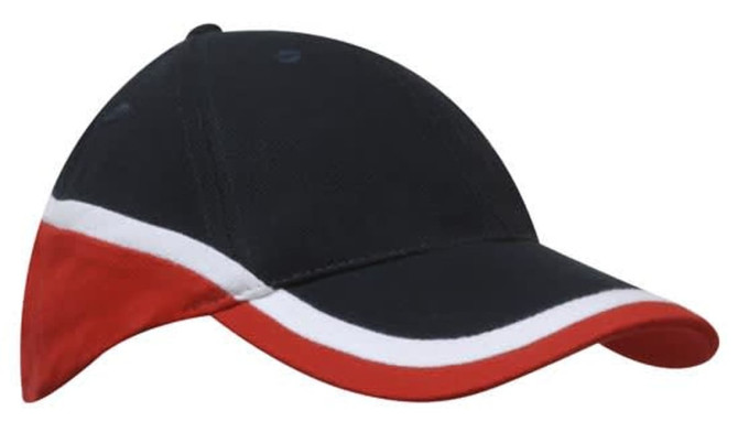 A tri-coloured cap featuring black, white, and red panels, with a curved visor and a logo.
