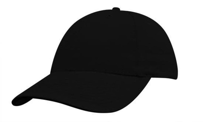 A black cap with a curved brim, featuring a simple design and a logo on the front.