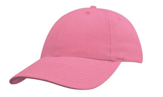 A pink baseball cap with a curved brim and an adjustable strap at the back, featuring a logo.