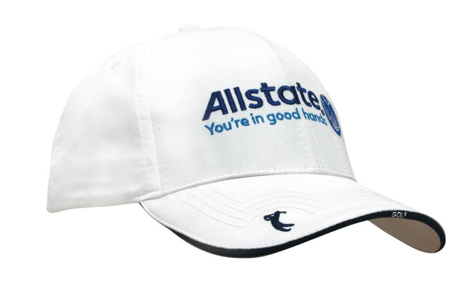 A white cap with black detailing and a logo on the front, featuring a curved brim.