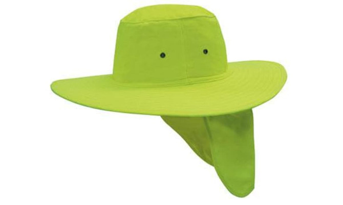 A bright green canvas sun hat with a wide brim and a neck flap. It features two ventilation holes.