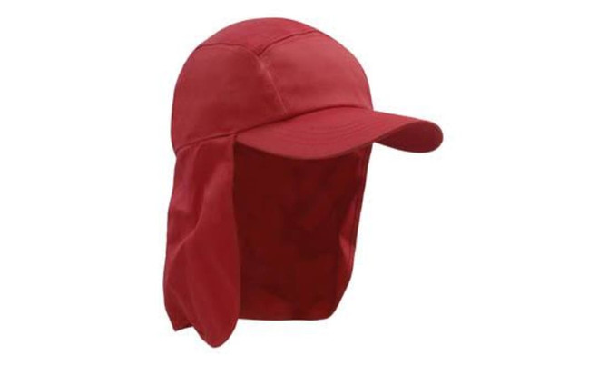 A red Poly Cotton Legionnaire hat featuring a wide brim and neck flap for sun protection. It has a logo on the side.