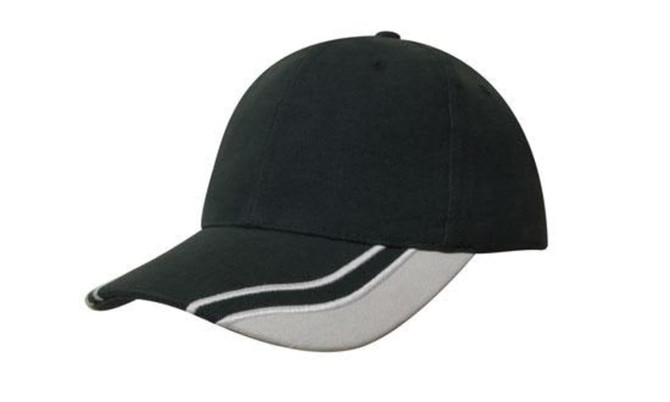 A black cap with a curved peak and grey inserts, featuring a logo on the side.
