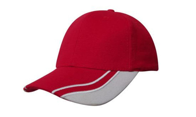 A red cap with a curved peak and contrasting white inserts, featuring a logo.