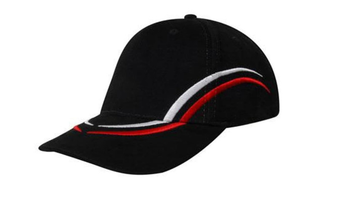 A black cap featuring curved red and white embroidery on the crown and peak, with a logo present.