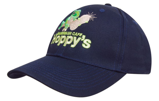 A navy cap featuring a graphic design and logo on the front. The cap has a curved brim.