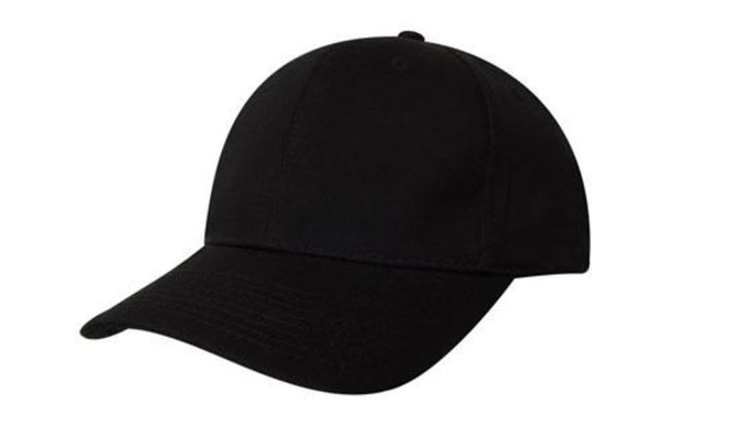 A black cap with a curved brim, featuring a logo on the front.