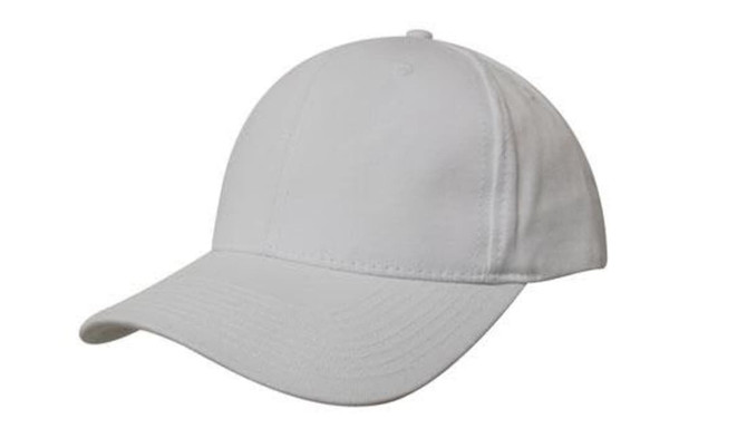 A white cap with a curved brim and a logo on the front. The cap has a structured design and is unadorned.
