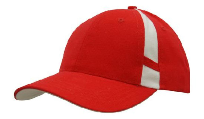A red cap with contrasting white inserts on the crown and under the peak. Includes a branding logo.