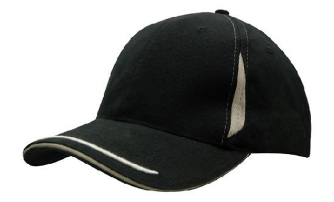 A black cap with brushed heavy cotton, featuring crown inserts, peak trim, and sandwich detailing. It has a logo.