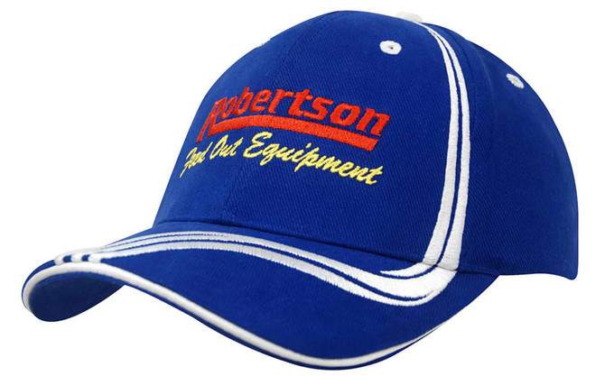 A blue cap with white waving stripes on the crown and peak, featuring a logo on the front.