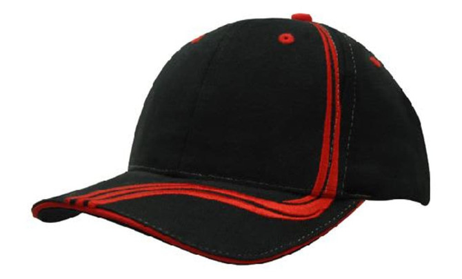 A black cap featuring red waving stripes on the crown and peak, with red stitching and a logo.