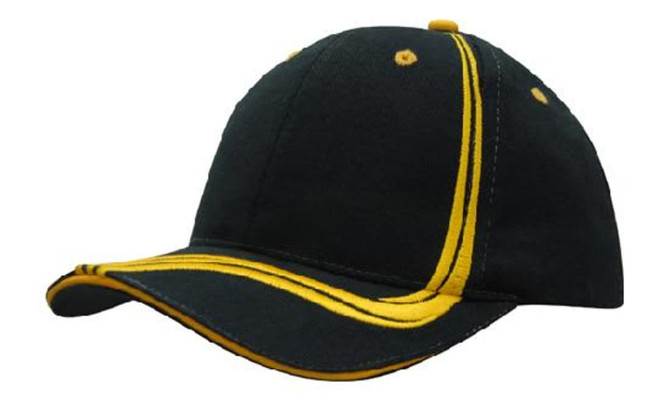A cap in dark green with yellow waving stripes on the crown and peak, featuring visible stitching.