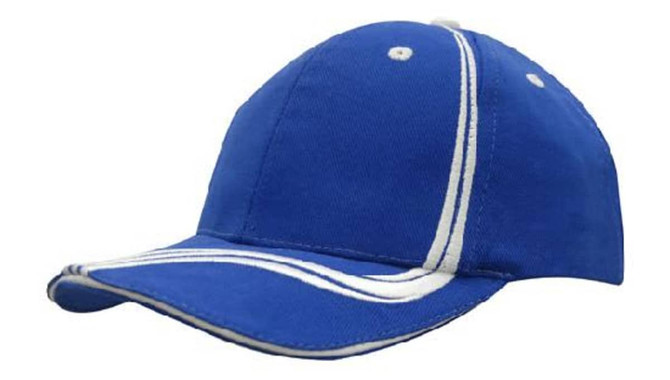 A blue cap with waving white stripes on the crown and peak, featuring a logo on the side.