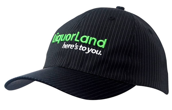 A black cap with woven pinstripes and a front logo. The cap features a curved brim and an adjustable strap.