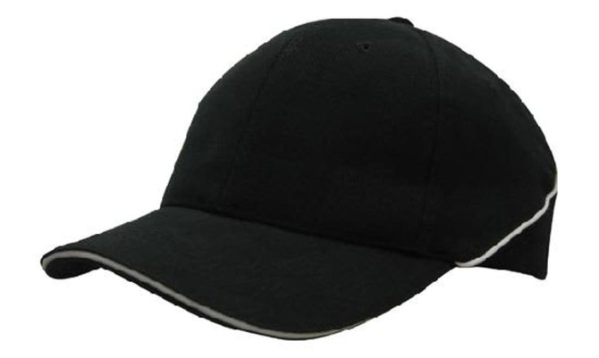 A black cap with a curved brim and crown piping detail. Features a logo on the front.