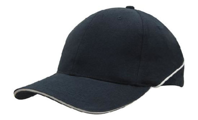 A navy blue cap with crown piping and a sandwich peak, featuring a logo.