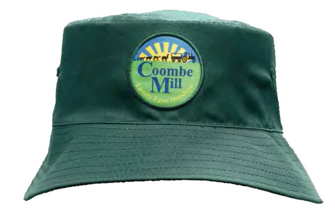 A green breathable poly twill bucket hat featuring a circular logo.