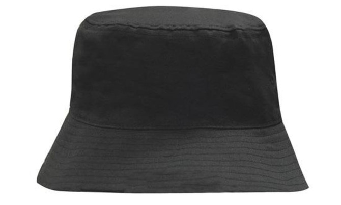 A black breathable poly twill bucket hat with a wide brim and a smooth surface, featuring a logo.