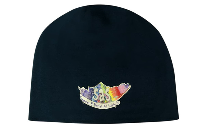 A black cotton beanie featuring a multi-coloured logo on the front.