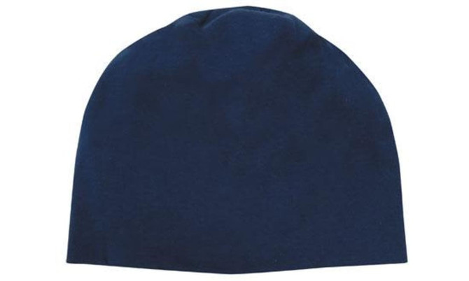 A navy cotton beanie featuring a simple design with a logo on it.