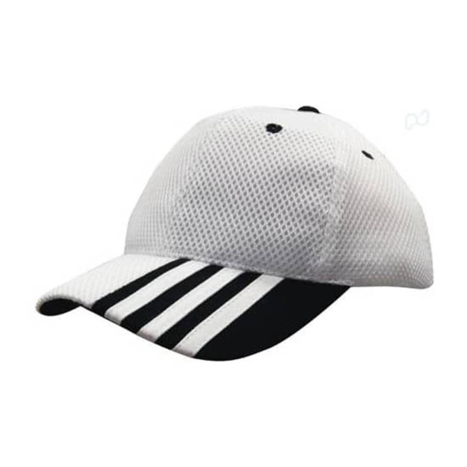 A white mesh cap with black striping on the peak, featuring a logo.