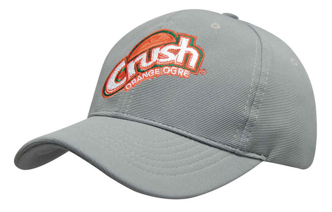 A grey cap with a curved brim featuring a logo on the front. The cap has a textured fabric.