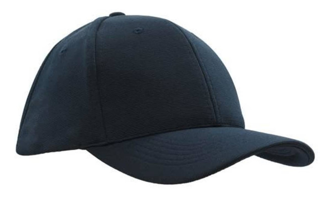 A navy blue cap with a curved brim and a structured crown, featuring a logo on the side.