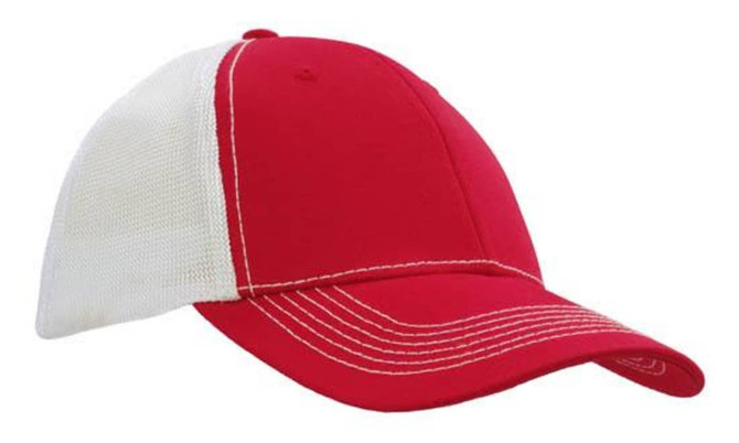 A red cap with a white mesh back and contrasting stitching, featuring a logo on the front.