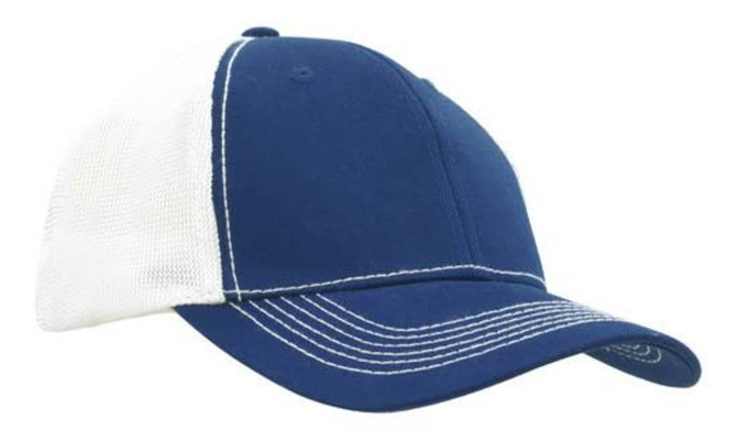 A navy blue cap with a hi-tech mesh back and white detailing, featuring a logo on the front.