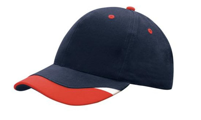 A cap featuring a navy blue body with a red peak and trim, along with a red button on top and a branding logo.