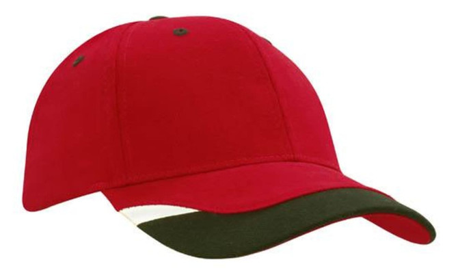 A red cap with a green peak and printed trim, featuring a structured design and a logo.