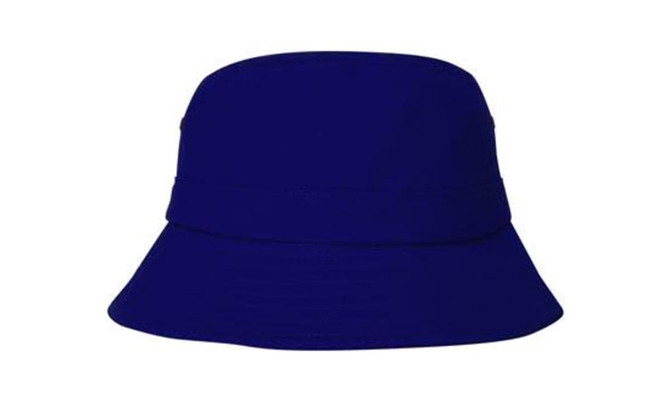 A blue bucket hat with a wide brim and a simple design, featuring a logo on the side.