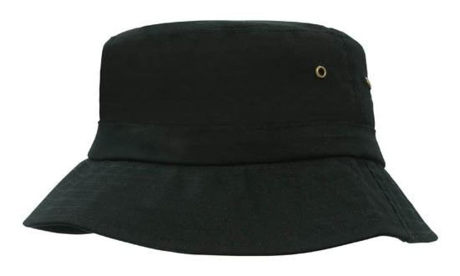 A black infants' bucket hat with a wide brim and small metal eyelets, featuring a logo.