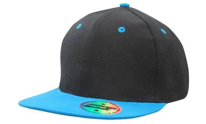 A black cap with a blue peak and blue detailing, featuring a logo on the side.