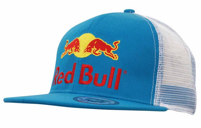 A blue cap with a mesh back and snapback style, featuring a logo and bold red lettering.