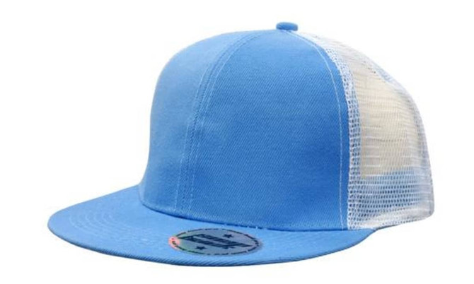 A blue cap featuring a mesh back and snapback style, with a logo on the front.