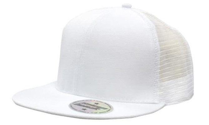 A white cap featuring a mesh back and snapback closure, designed with a flat brim and a logo.